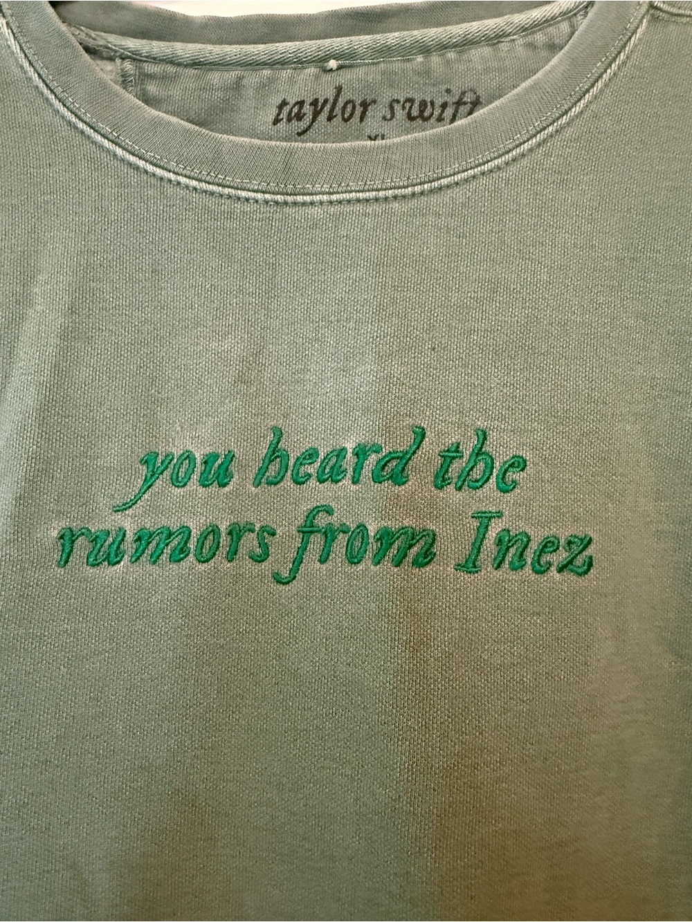 Taylor Swift "you heard the rumors from Inez" Green Embroidered sweatshirt